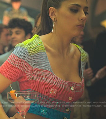 Sara’s rainbow knit cropped top and skirt on Elite