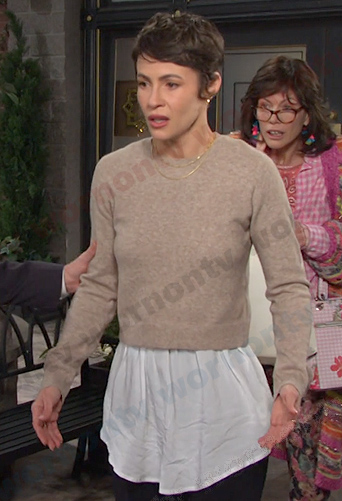 Sarah’s beige mixed media sweater on Days of our Lives