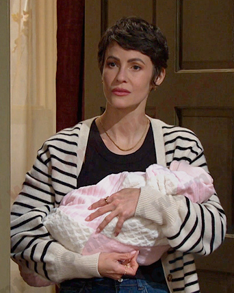 Sarah’s white striped cardigan on Days of our Lives