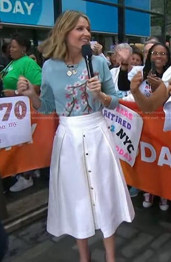 Savannah’s blue cherry blossom sweater and white skirt on Today