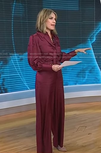 Savannah’s burgundy tie neck blouse and pants on Today