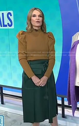 Savannah’s metallic puff sleeve sweater and green skirt on Today