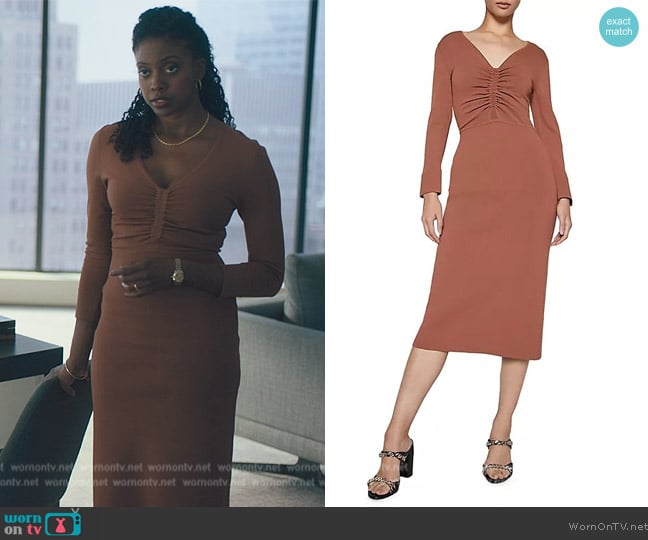 Scanlan Theodore Ruched Long-Sleeve Midi-Dress worn by Kate Sacker (Condola Rashad) on Billions