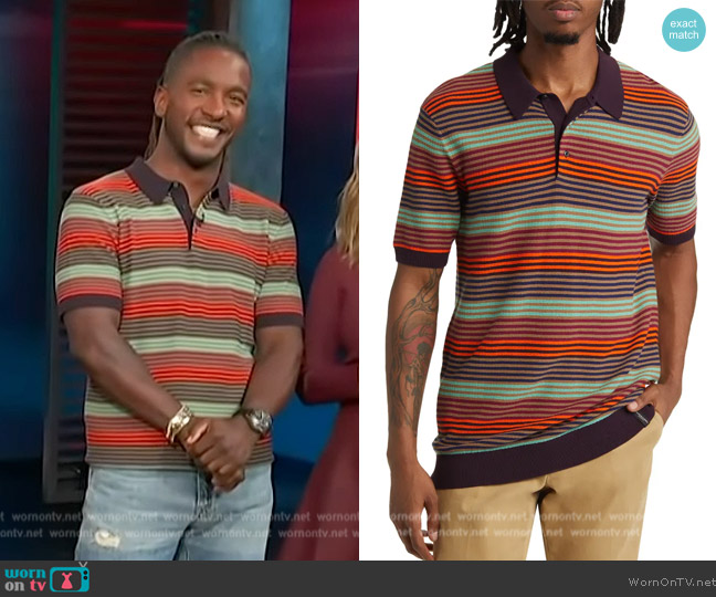 Scotch and Soda Structure Knit Organic Cotton Polo Shirt worn by Scott Evans on Access Hollywood