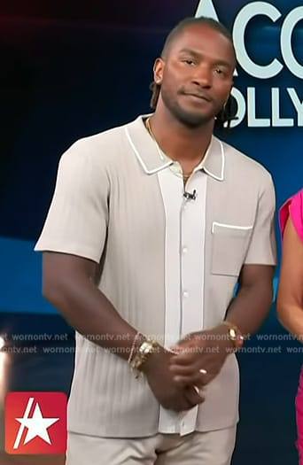 Scott’s beige contrast tipped shirt on Access Hollywood