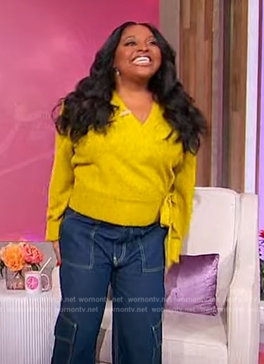 Sherri’s yellow tie waist sweater and jeans on Sherri