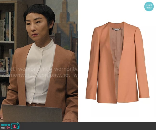 Stella McCartney Collarless Open-Front Jacket in Caramel worn by Stella Bak (Greta Lee) on The Morning Show