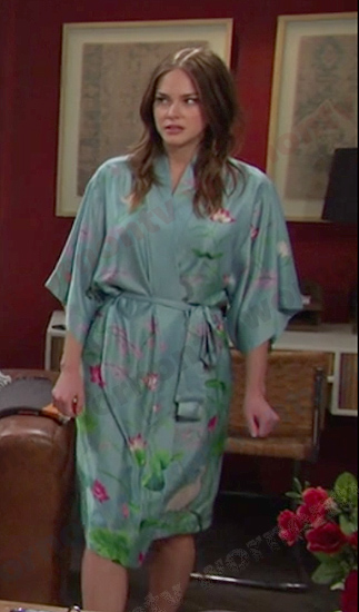 Stephanie’s blue floral satin robe on Days of our Lives