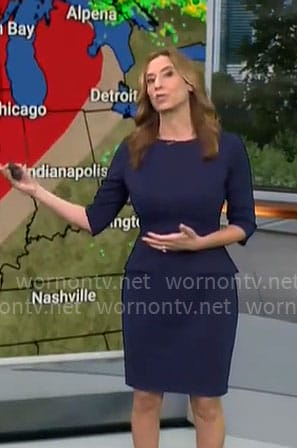 Stephanie Abrams’ navy peplum dress on CBS Mornings