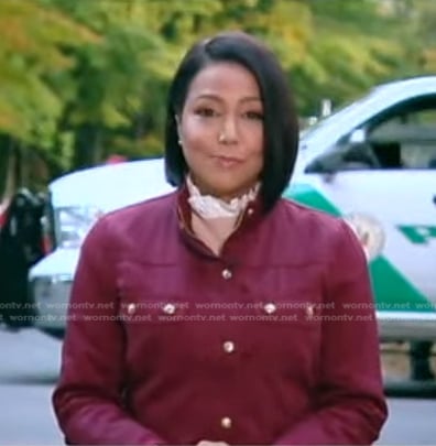 Stephanie’s pink ruffle neck sweater and red jacket on Good Morning America