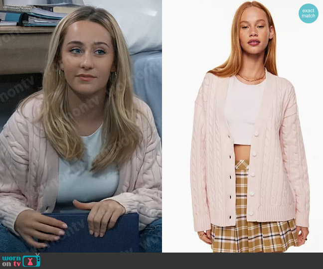 Sunday Best Lamora Cardigan in Shy Pink worn by Josslyn Jacks (Eden McCoy) on General Hospital