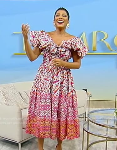 Tamron’s floral print off shoulder dress on Tamron Hall Show