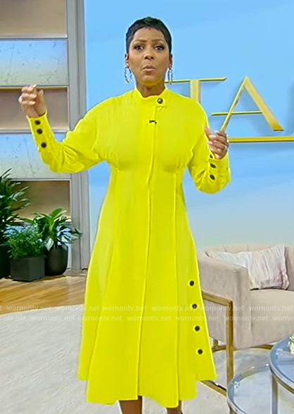 Tamron’s yellow button detail dress on Tamron Hall Show