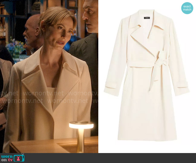 Theory Oaklane Trench in Rice worn by Sarah Miller (Annie Hamilton) on American Horror Stories