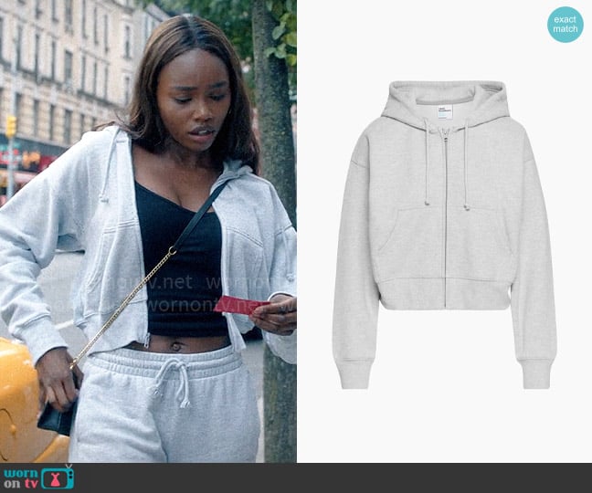 TNA Cozy Fleece Boyfriend Boxy Zip Hoodie in Heather Chrome worn by Vivian Lee Finch (Laura Kariuki) on American Horror Stories