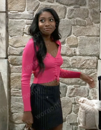 Trina’s pink ruched front top and pinstriped skirt on General Hospital