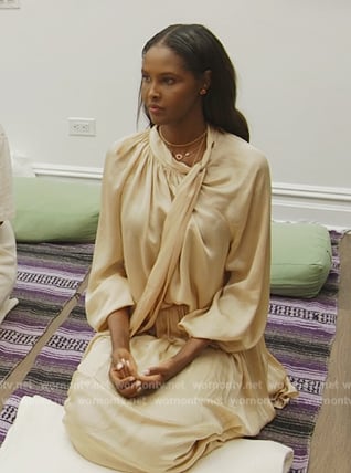 Ubah’s satin tie neck blouse and skirt on The Real Housewives of New York City