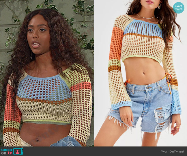 Urban Outfitters Chloe Cropped Open-Knit Sweater in Assorted worn by Talia Hunter (Aketra Sevellian) on Days of our Lives