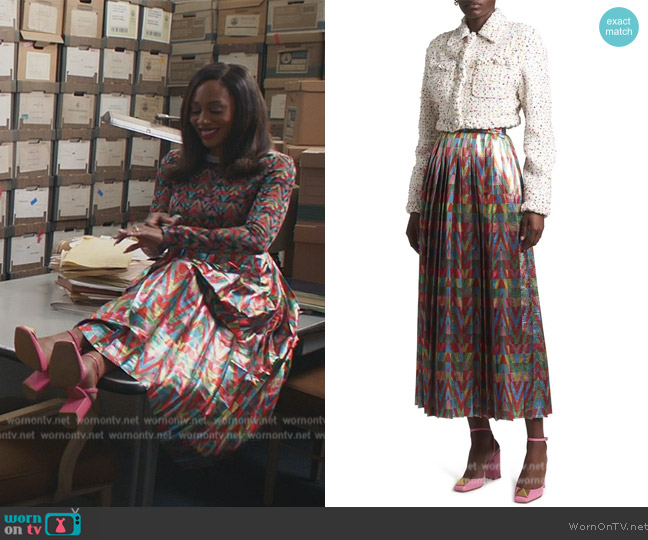 Valentino Garavani Metallic V Logo Pleated Maxi Skirt worn by Lola Carmichael (Simone Missick) on All Rise