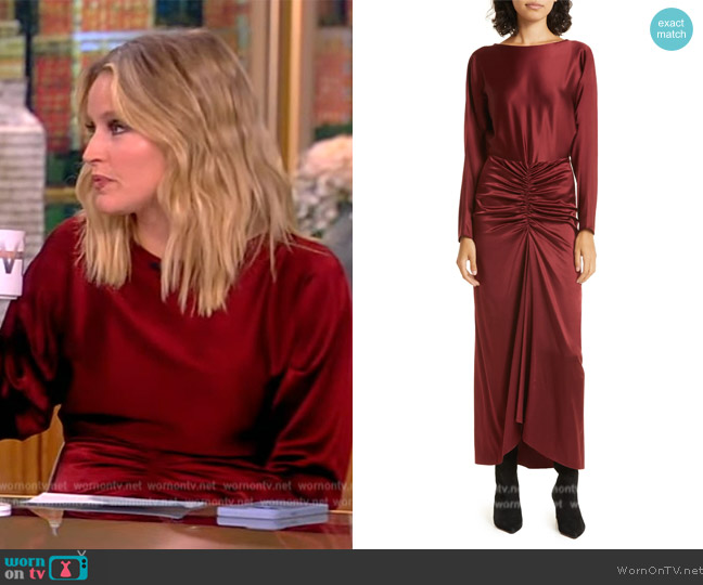 Veronica Beard Sabri ruched stretch-silk satin midi dress worn by Sara Haines on The View