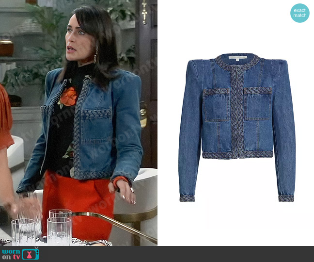 Veronica Beard Arrowe Braid-Trimmed Denim Crop Jacket worn by Lois Cerullo (Rena Sofer) on General Hospital