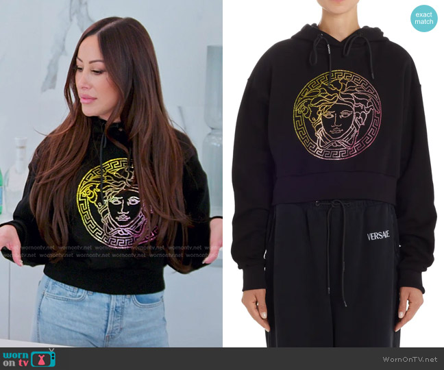 Versace Crystal Embellished Crop Cotton Graphic Hoodie worn by Angie Katsanevas on The Real Housewives of Salt Lake City