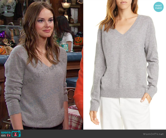 Vince Weekend V-Neck Cashmere Sweater in Heather Steel worn by Stephanie Johnson (Abigail Klein) on Days of our Lives