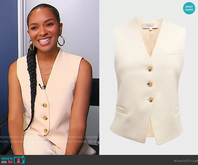 Vince Cutaway Crepe Vest in Birch worn by Lizzy Mathis on Access Hollywood