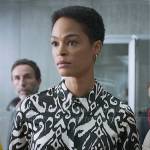 Virginia’s black and white ikat print blouse on Elite