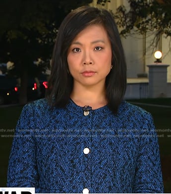 Weijia Jiang’s blue tweed jacket on CBS Evening News