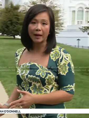 Weijia Jiang’s green floral print dress on CBS Evening News