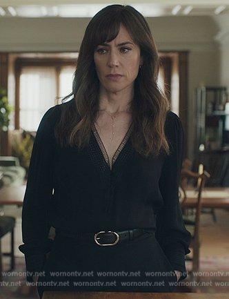 Wendy’s black embroidered trim blouse on Billions
