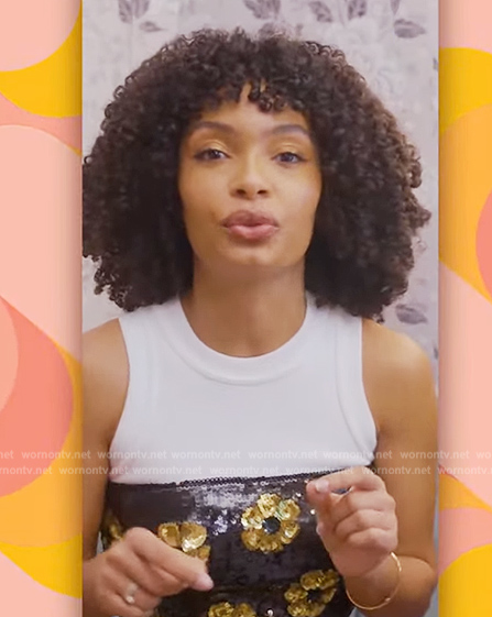 Yara Shahidi’s black floral sequin top on The Drew Barrymore Show