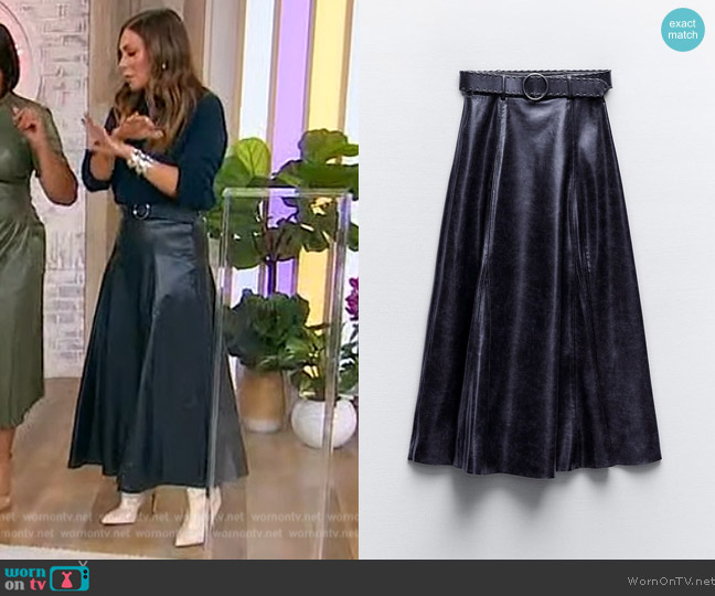 Zara Faux Leather Cape Midi Skirt worn by Melissa Garcia on Sherri