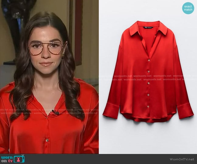 Zara Flowy Satin Effect Shirt in Intense red worn by Julie Tsirkin on NBC News Daily
