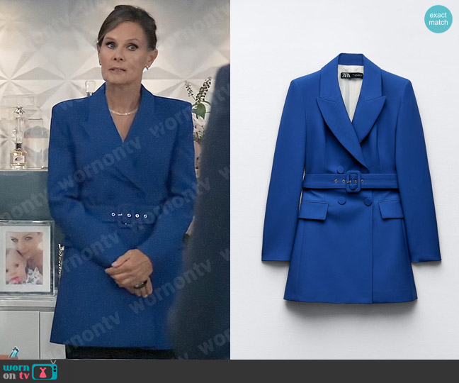 Zara Long Belted Blazer worn by Lucy Coe (Lynn Herring) on General Hospital