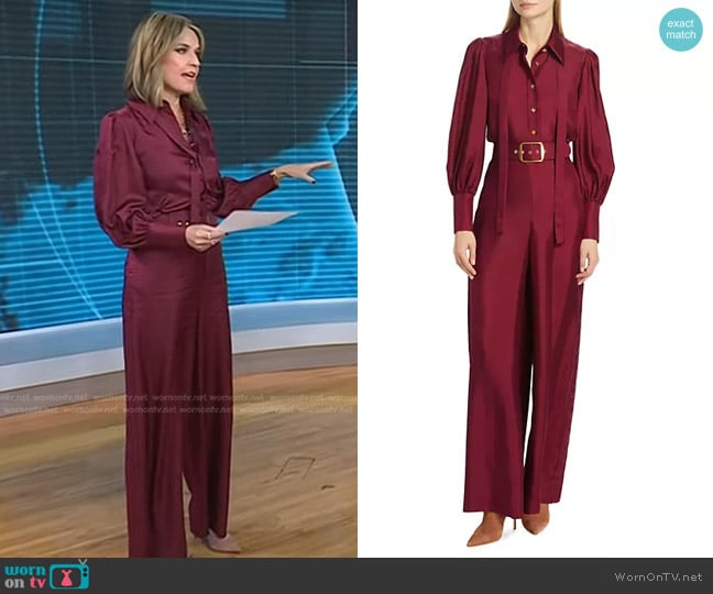 Zimmermann Luminosity Silk Bow Blouson-Sleeve Blouse in Burgundy worn by Savannah Guthrie on Today