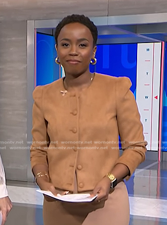 Zinhle Essamuah’s camel suede jacket on NBC News Daily