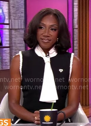 Ziwe’s black and white tie neck dress on CBS Mornings