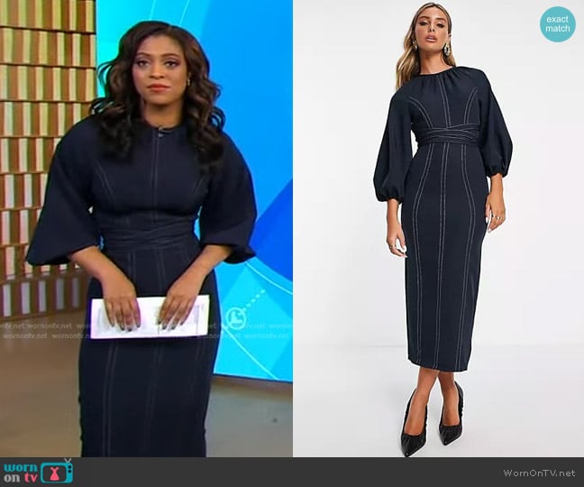 Asos Belted Contrast Stitch Puff Sleeve Midi Dress in navy in navy worn by Morgan Norwood on Good Morning America
