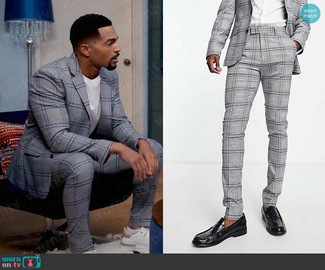 ASOS Design Skinny suit pants in large scale blue check worn by Calvin Rodney (Anthony Dalton) on Tyler Perrys Sistas