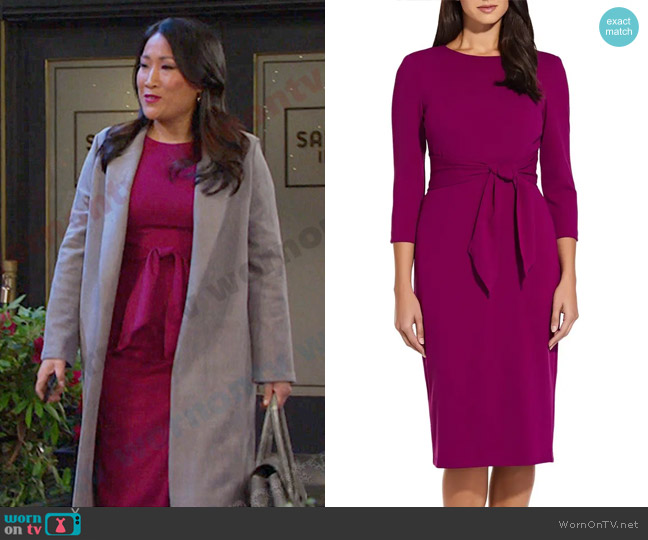 Adrianna Papell Tie Waist Crepe Sheath Dress in Wildberry worn by Melinda Trask (Tina Huang) on Days of our Lives