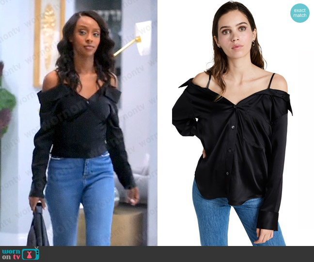 Alexander Wang Off Shoulder Boyfriend Shirt with Bra Straps worn by Karen Mott (Ebony Obsidian) on Tyler Perrys Sistas
