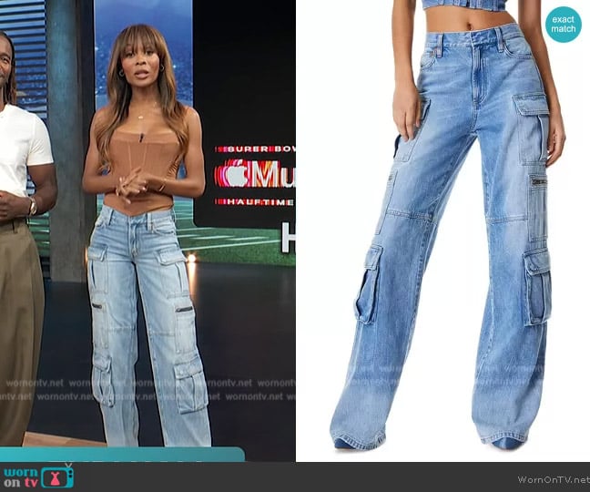 Alice + Olivia Cay Baggy Denim Cargo Pants worn by Zuri Hall on Access Hollywood