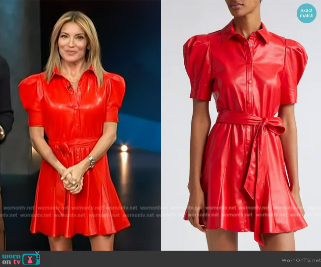 Alice + Olivia Lurlene Puff Sleeve Faux Leather Minidress worn by Kit Hoover on Access Hollywood