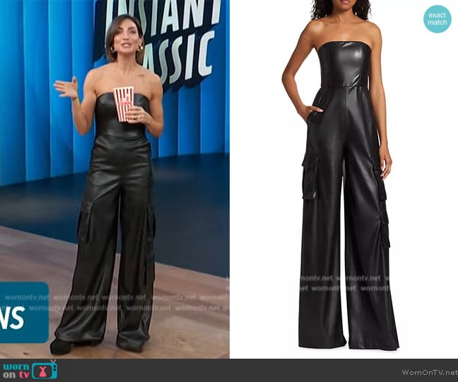 Alice + Olivia Emelda Strapless Vegan Leather Cargo Jumpsuit worn by Courtney Mazza on Access Hollywood