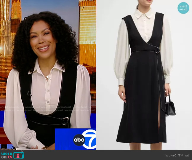 Cinq a Sept Ambre Belted Midi Combo Crepe Shirtdress worn by Shirleen Allicot on Good Morning America