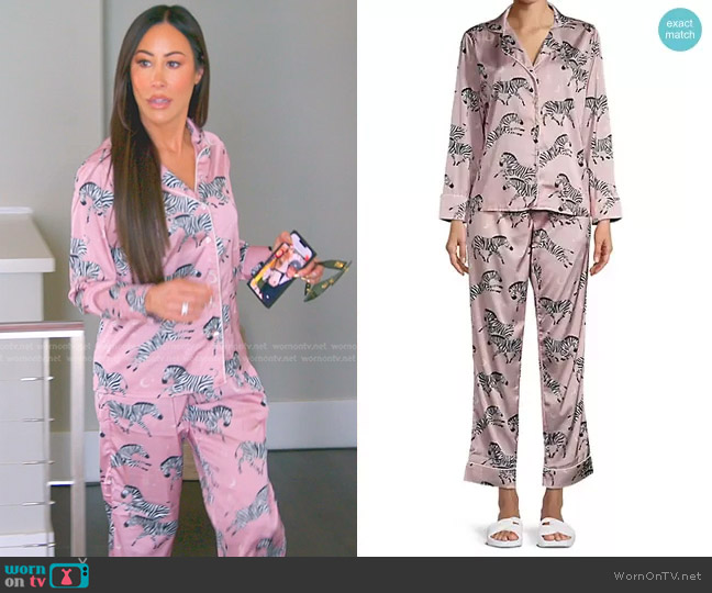 Averie Sleep Two-Piece Zebra Print Pajama Set in Rose Pink worn by Angie Katsanevas on The Real Housewives of Salt Lake City