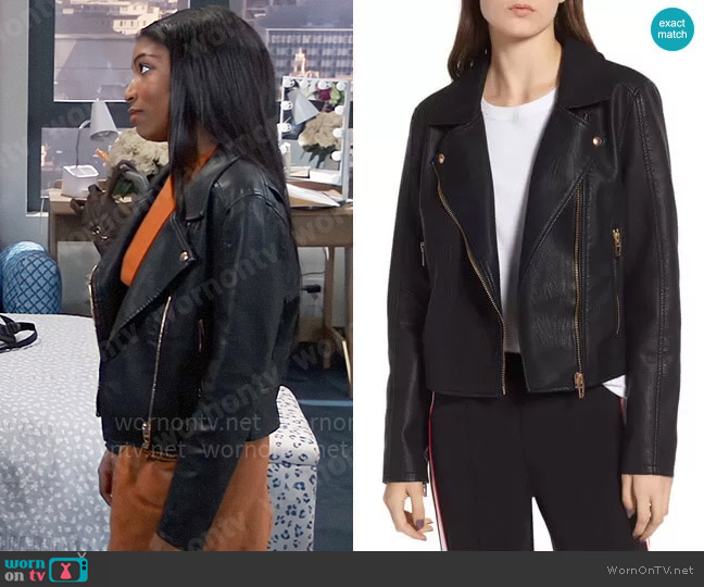 Blank NYC Meant to Be Moto Jacket with Removable Hood worn by Trina Robinson (Tabyana Ali) on General Hospital