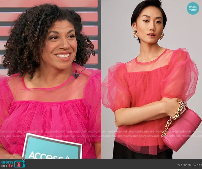 Anthropologie Sheer Puff-Sleeve Top worn by Damona Hoffman on Access Hollywood